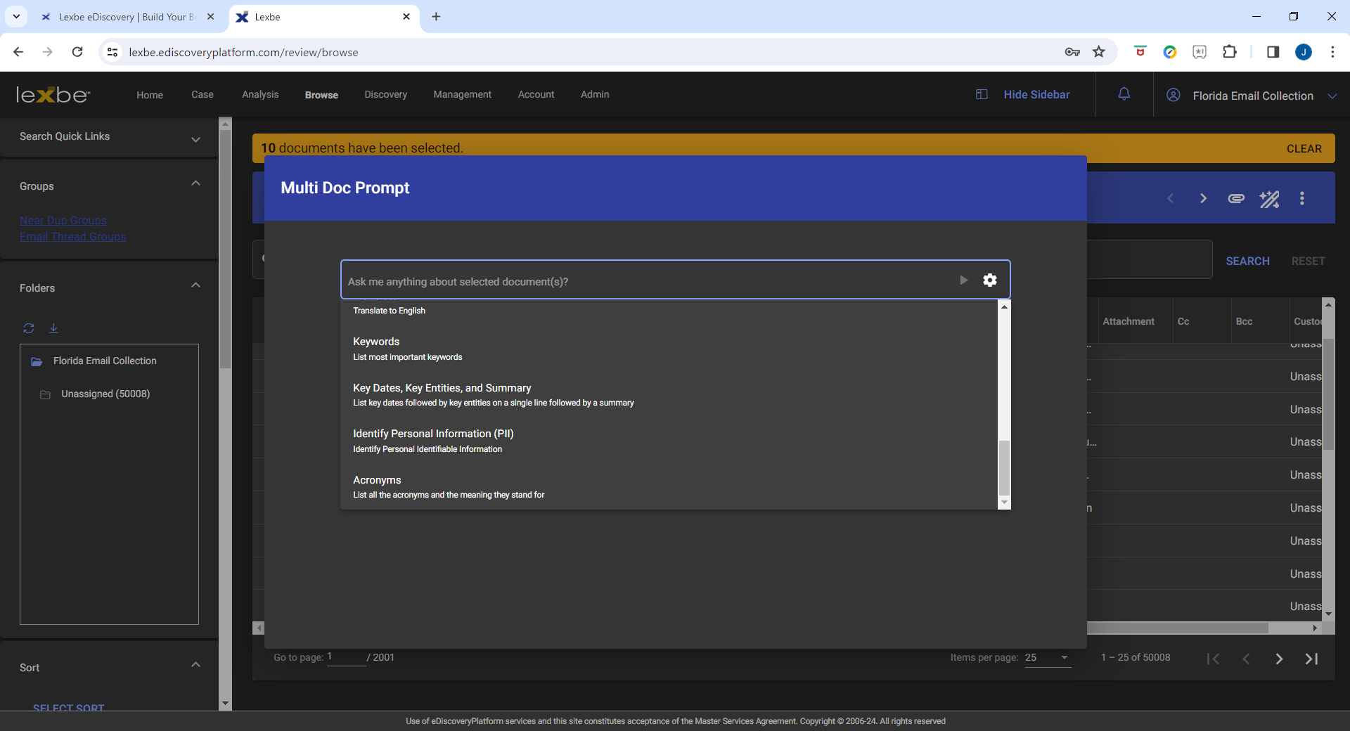 screenshot of Lexbe eDiscovery Platform